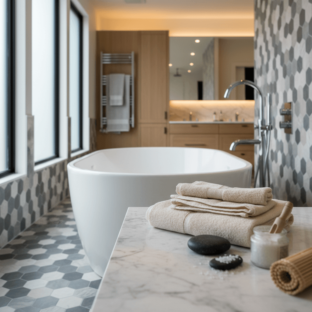 Complete bathroom gut renovation with large format tile