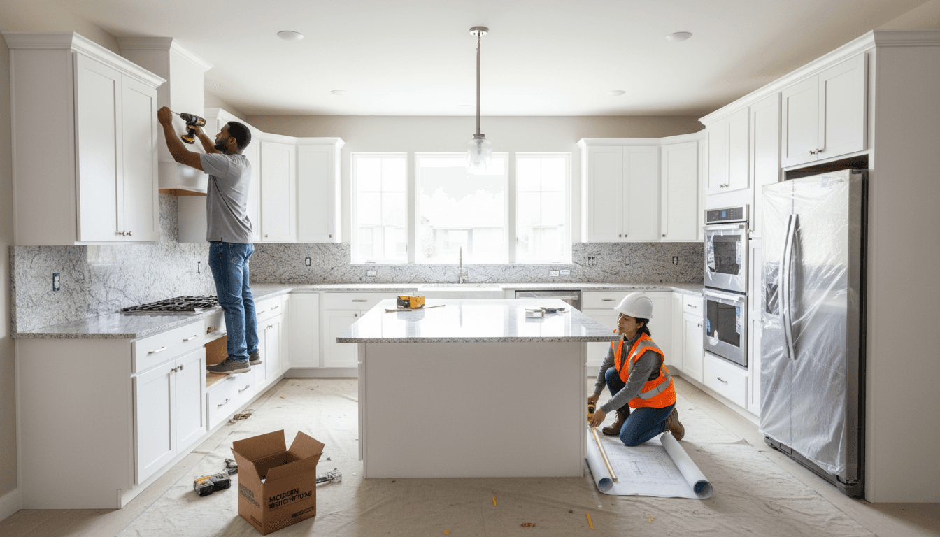 Contractor measuring kitchen cabinets during renovation