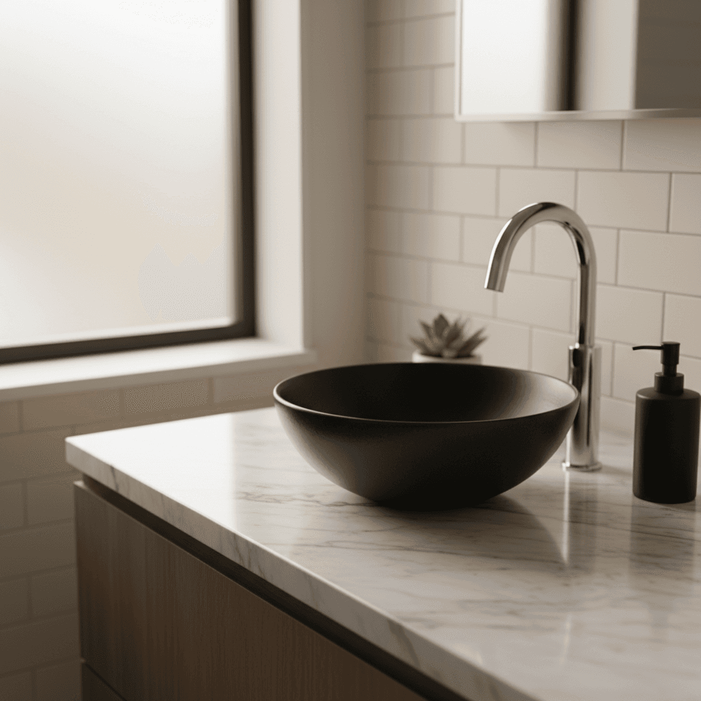 Custom bathroom vanity installation with marble top
