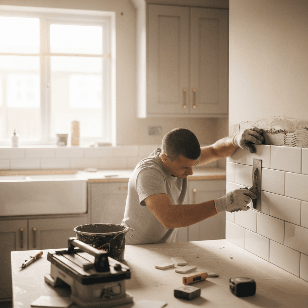 Tile backsplash installation in progress during kitchen remodel
