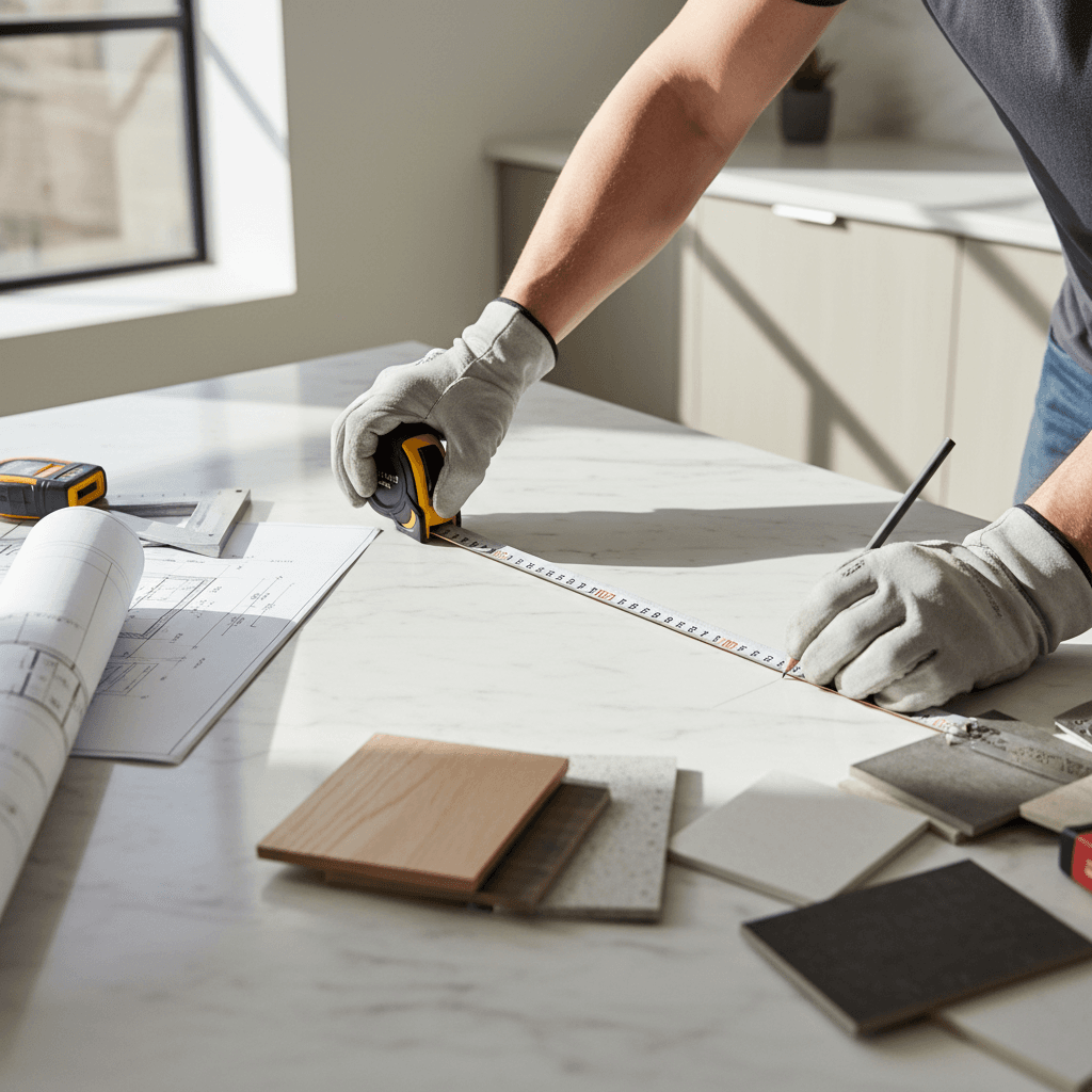 Contractor measuring kitchen counter during a remodel