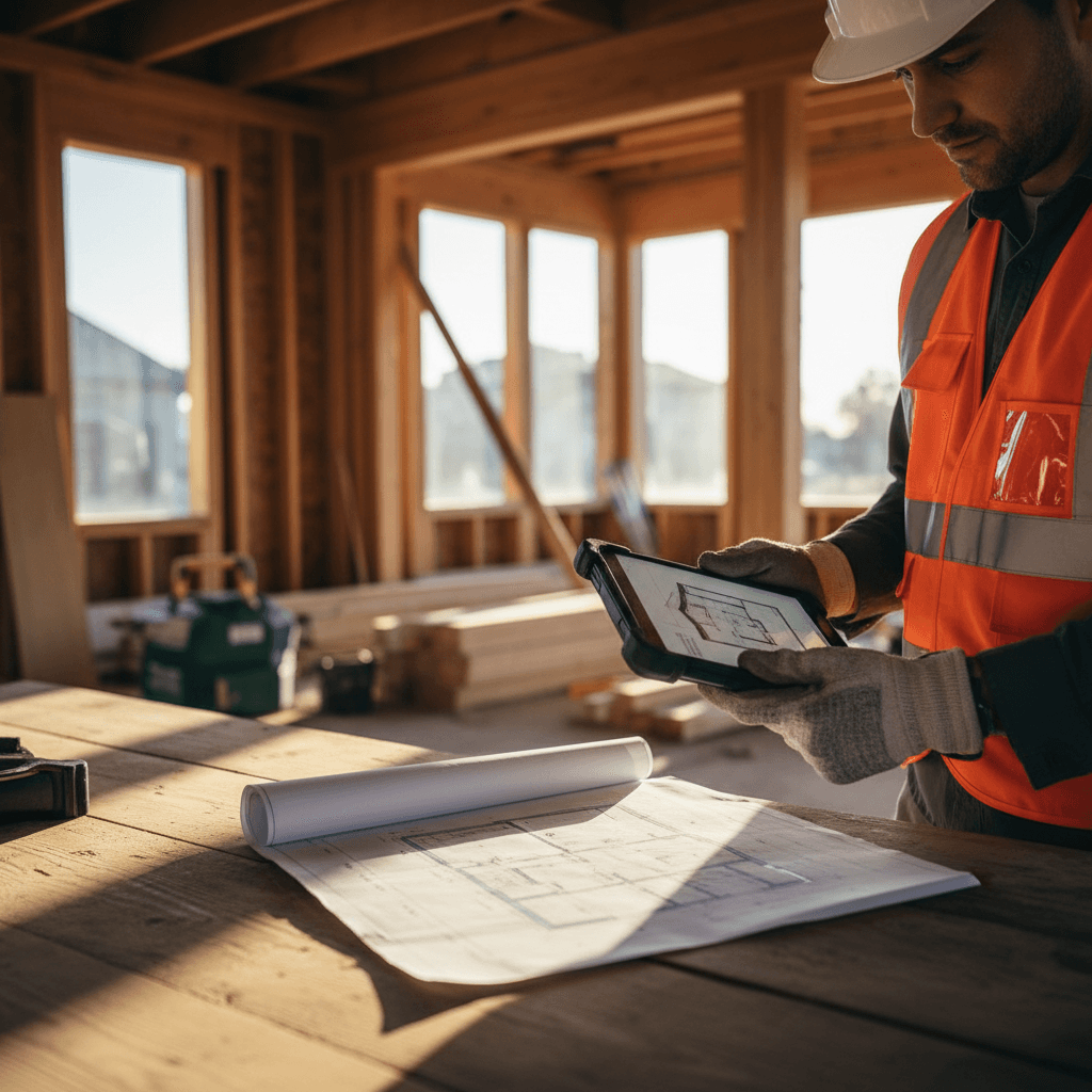 Contractor reviewing blueprints on a job site