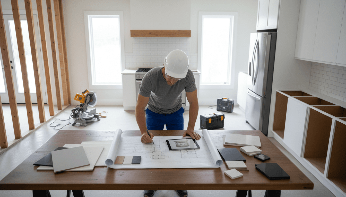 Homeowner and contractor reviewing blueprints together in a bright kitchen renovation