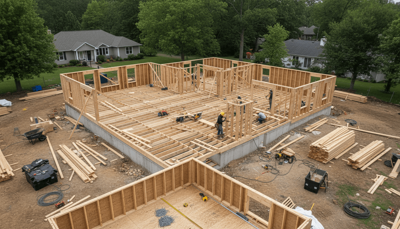 New construction framing progress on two story home