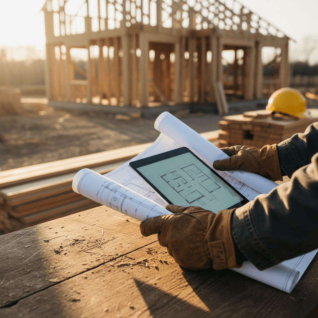 Contractor reviewing blueprints with homeowner