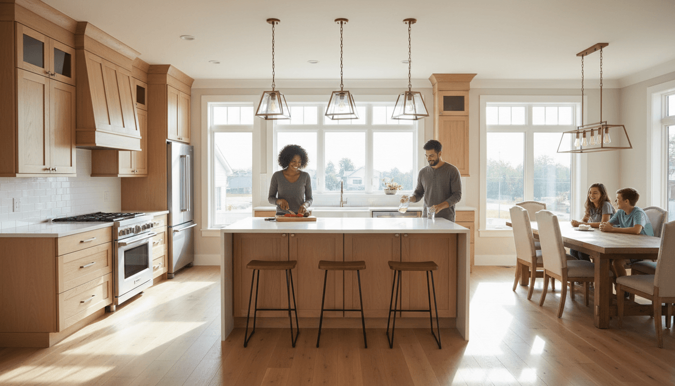Open floor plan after full remodel showing kitchen and living space